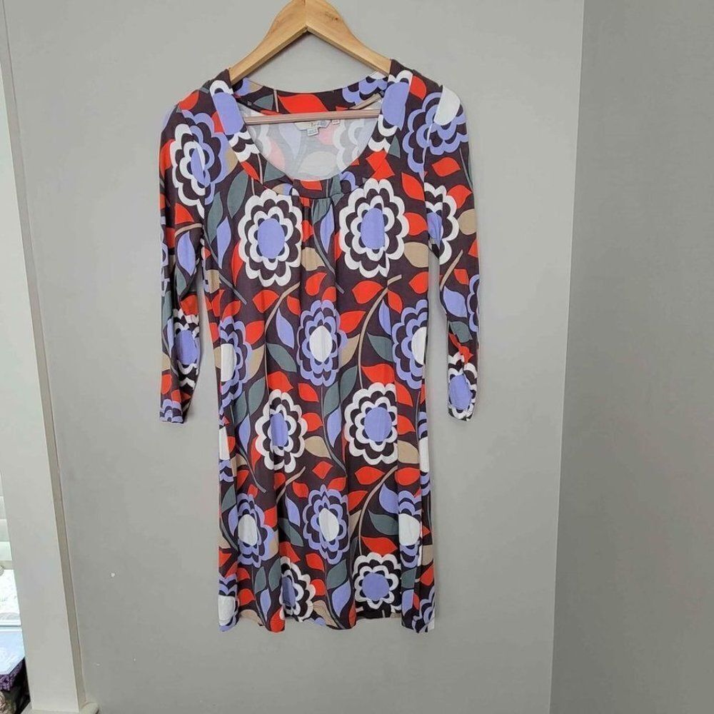 BODEN Jersey Brown Blue Red Green Geometric Floral Knit Scoop Dress 10